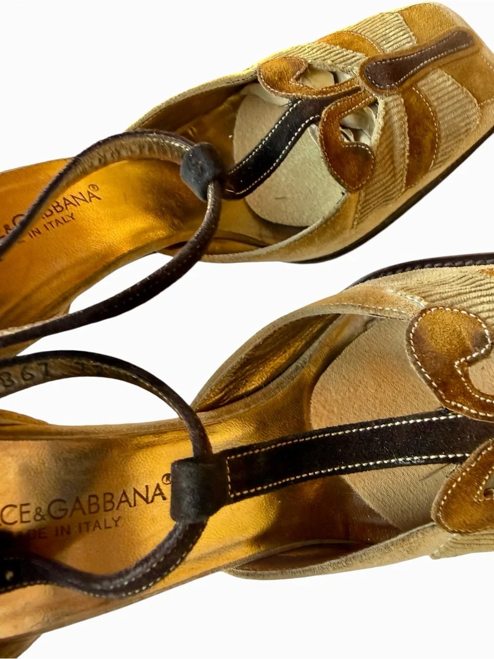 Vintage 90’s Dolce & Gabbana Suede/ Cord T-Strap Butterfly Block Heel Pumps 38.5